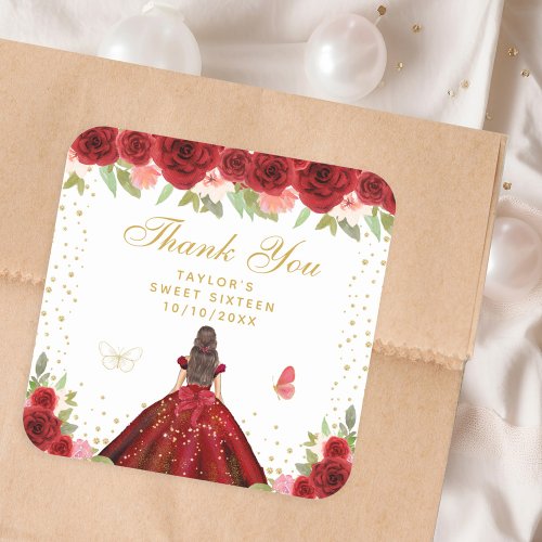 Red Floral Brunette Hair Princess Sweet Sixteen Square Sticker