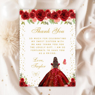 Red Floral Brunette Hair Princess Sweet Sixteen Thank You Card