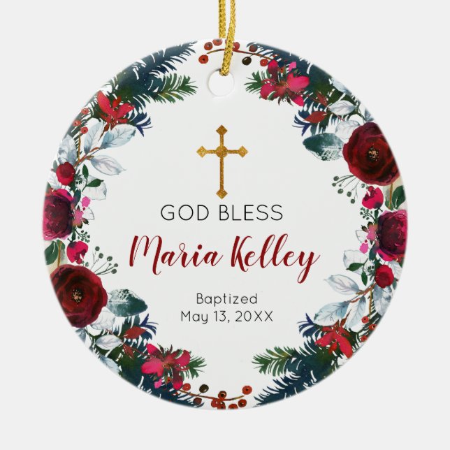 Red Floral Burgundy Personalized Girl Baptism Ceramic Ornament (Front)