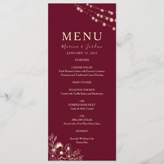 Red Floral Burgundy Wedding Menu (Front)