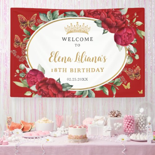 Red Floral Butterflies 18th Birthday Sweet 16  Banner