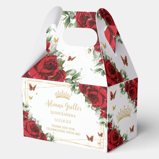 Red Floral Butterflies Birthday Quinceañera 16 15 Favor Boxes (Front)