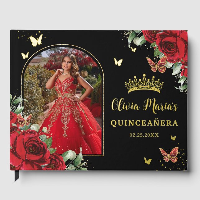 Red Floral Butterflies Black Quinceañera Photo  Foil Guest Book (Front)