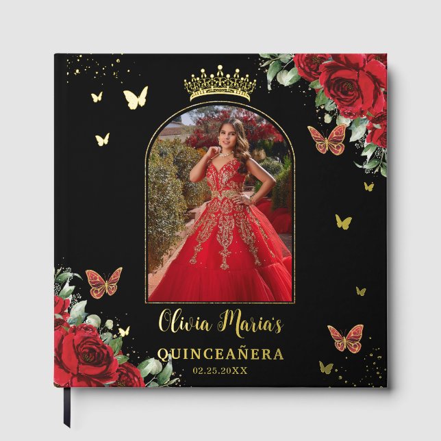 Red Floral Butterflies Black Quinceañera Picture Foil Guest Book (Front)