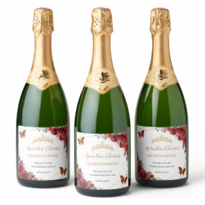 Red Floral Butterflies Gold Quinceañera Birthday Sparkling Wine Label