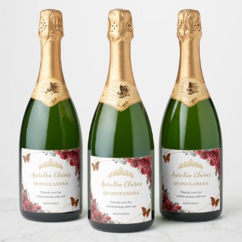 Red Floral Butterflies Gold Quinceañera Birthday Sparkling Wine Label by LollipopParty at Zazzle