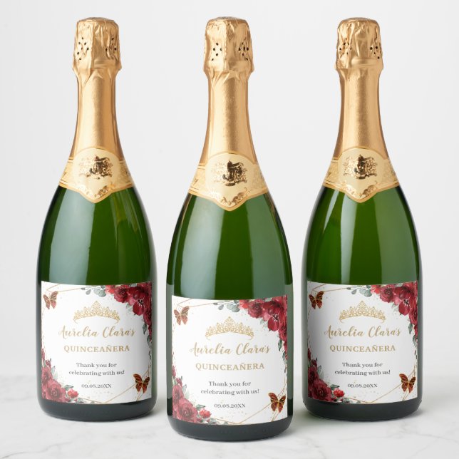 Red Floral Butterflies Gold Quinceañera Birthday Sparkling Wine Label (Bottles)