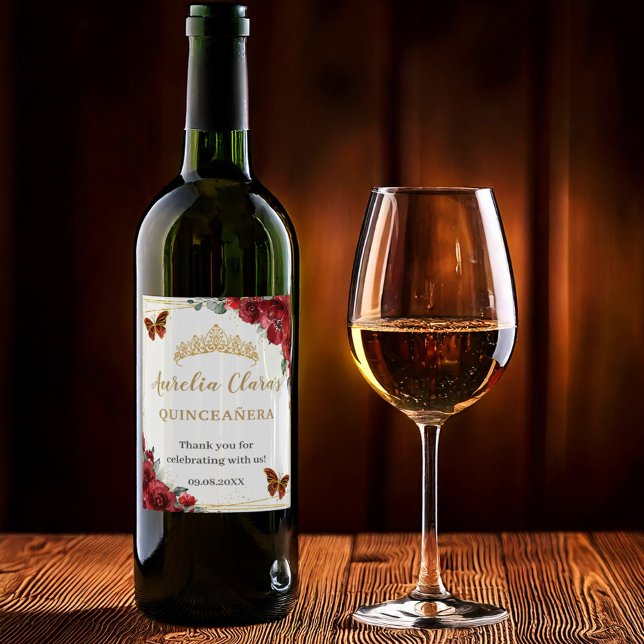 Red Floral Butterflies Gold Quinceañera Birthday Wine Label (Creator Uploaded)