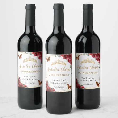 Red Floral Butterflies Gold Quinceaera Birthday Wine Label