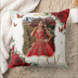 Red Floral Butterflies Picture Quinceañera Memento Throw Pillow<br><div class="desc">Personalize this elegant red floral Quinceañera / Sweet 16 birthday picture / photograph throw pillow easily and quickly. Simply click the Edit Using Design Tools button to further edit the text, change font styles, font colors and adjust your picture. Featuring vibrant watercolor red flowers, red and gold butterflies and a...</div>