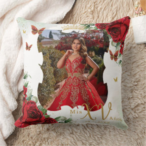 Red Floral Butterflies Picture Quinceañera Memento Throw Pillow