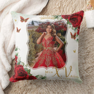 Red Floral Butterflies Picture Quinceañera Memento Throw Pillow