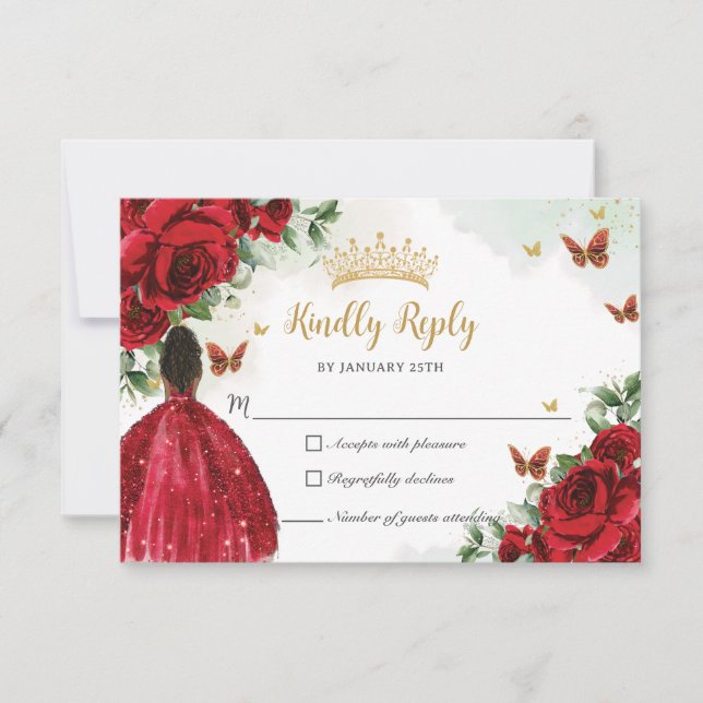 Red Floral Butterflies Princess Dress Quinceañera RSVP Card (Front)
