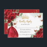 Red Floral Butterflies Princess Dress Quinceañera RSVP Card<br><div class="desc">This pretty floral Quinceañera / Sweet 16 RSVP card features vibrant red rose flowers, a girl dressed in a glittery red dress and red and gold butterflies. Simply click the customize it further button to edit the texts, change fonts and fonts colors. Matching items available in store. (c) Somerset Fine...</div>