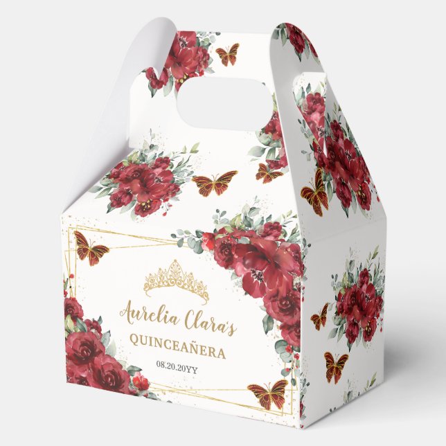 Red Floral Butterflies Quince XV 16 Birthday Gable Favor Boxes (Front)