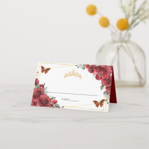 Red Floral Butterflies Quinceaera 16th Birthday Place Card