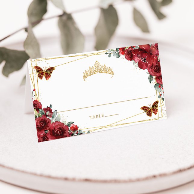 Red Floral Butterflies Quinceañera 16th Birthday Place Card (Creator Uploaded)