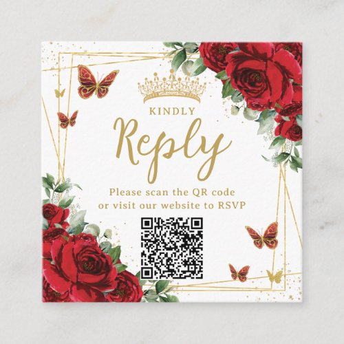 Red Floral Butterflies Quinceanera RSVP QR Code Enclosure Card