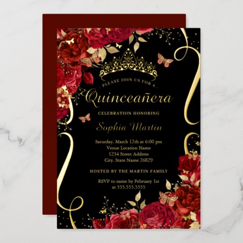 Red Floral Butterfly Elegant Gold Quinceanera  Foil Invitation