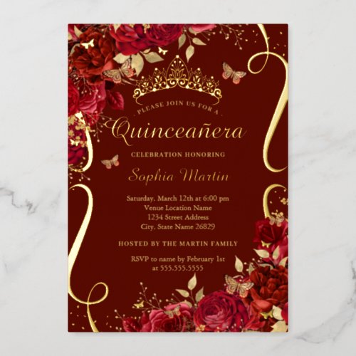 Red Floral Butterfly Elegant Quinceanera  Foil Invitation