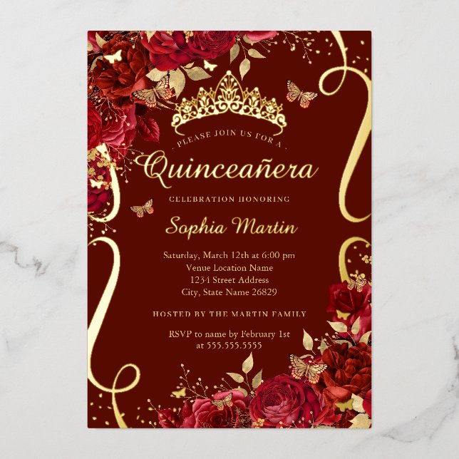Red Floral Butterfly Elegant Quinceanera  Foil Invitation (Front)