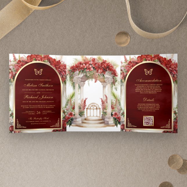 Red Floral Butterfly Garden All in One Wedding Tri-Fold Invitation (Creator Uploaded)