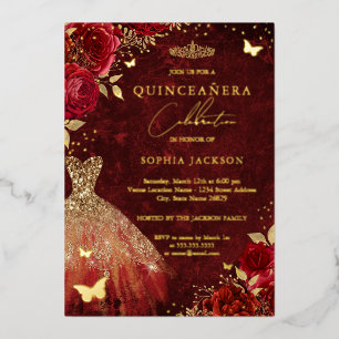 Red Floral Butterfly Gold Dress Quinceanera Foil Invitation