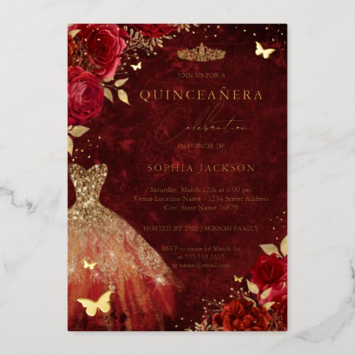 Red Floral Butterfly Gold Dress Quinceanera  Foil Invitation