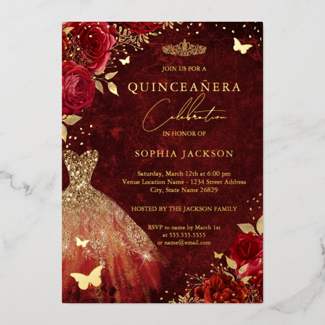 Red Floral Butterfly Gold Dress Quinceanera  Foil Invitation (Front)