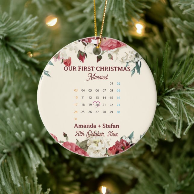 Red Floral Calendar Our First Christmas Married  Ceramic Ornament (Tree)