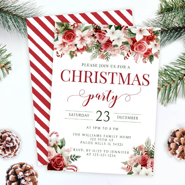 Red floral candy Christmas party invitation (Creator Uploaded)