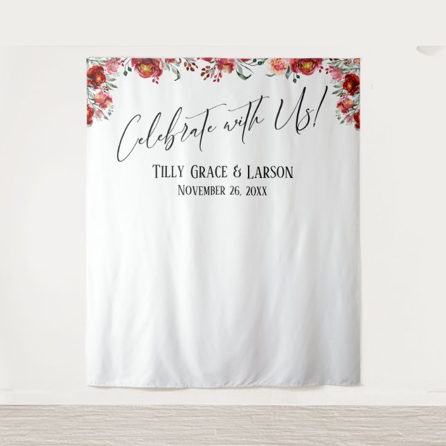 Red Floral Celebrate with Us! Photo Backdrop (Front)