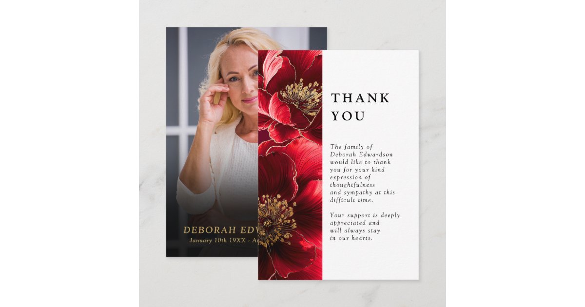 Red Floral Celebration Of Life Funeral Photo Thank You Card | Zazzle