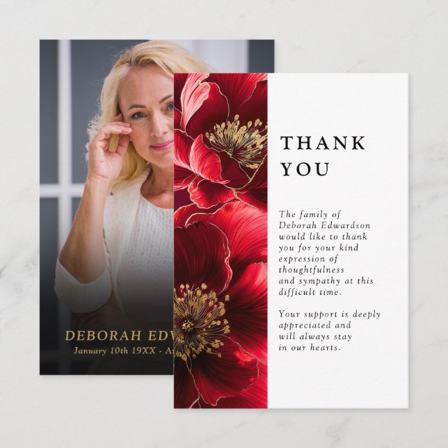 Red Floral Celebration Of Life Funeral Photo Thank You Card (Front/Back)