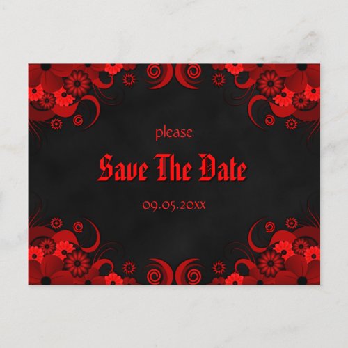 Red Floral Chalkboard Goth Save The Date Postcards