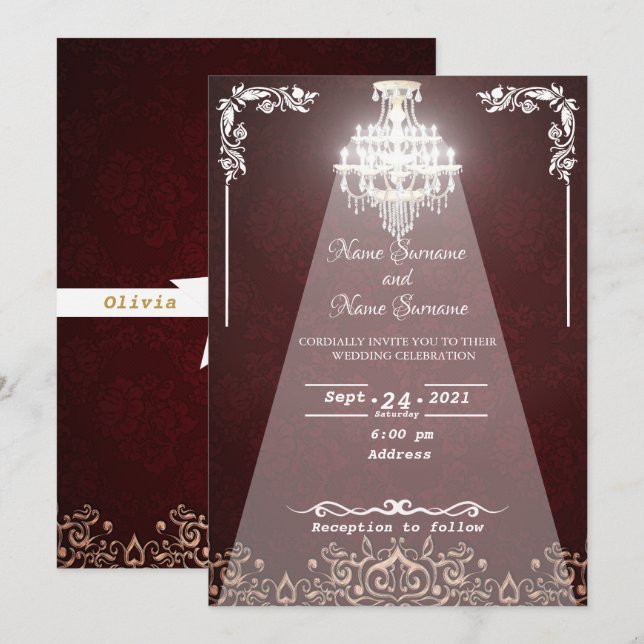 Red floral-chandelier invitation (Front/Back)