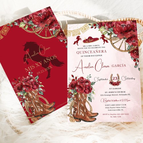 Red Floral Charro Horseshoe Boots Quinceaera Invitation