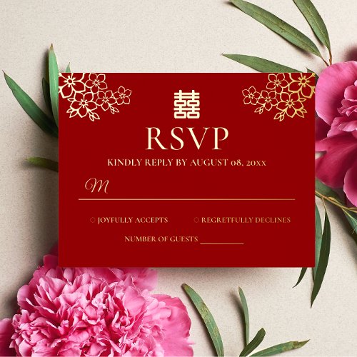 Red floral Chinese wedding cherry blossom RSVP Foil Invitation Postcard