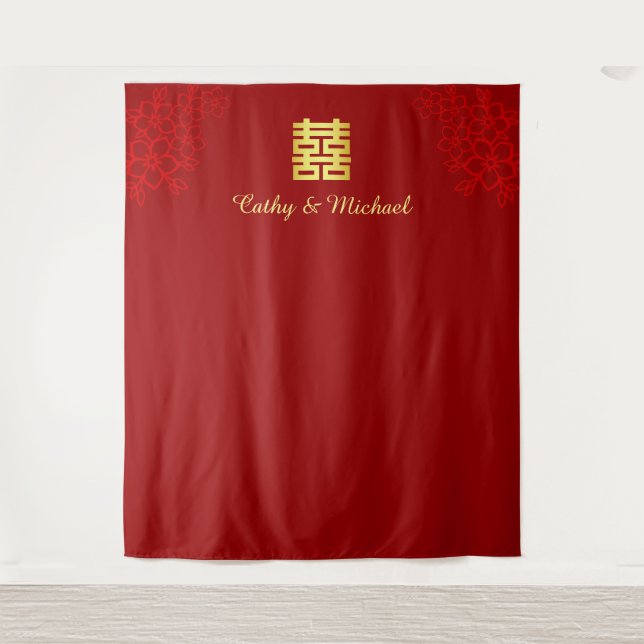 Red floral Chinese wedding photo backdrop (Front)