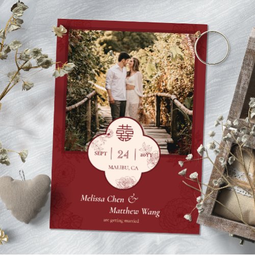 Red Floral Chinese Wedding Photo Save the Date