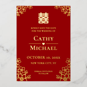 Red floral Chinese wedding save the date Foil Invitation