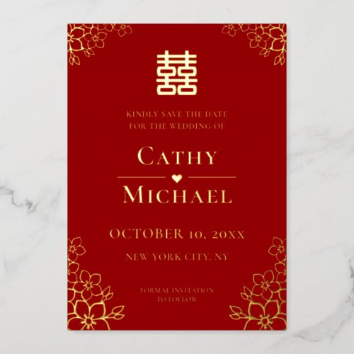 Red floral Chinese wedding save the date Foil Invitation