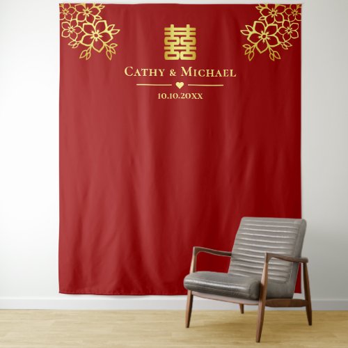 Red floral Chinese wedding tea ceremony backdrop