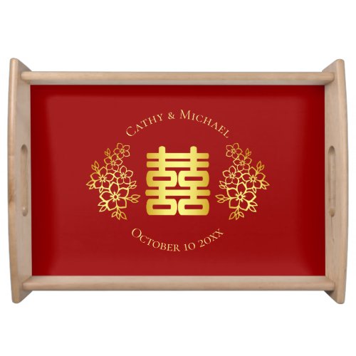 Red floral Chinese wedding tea ceremony double xi Serving Tray