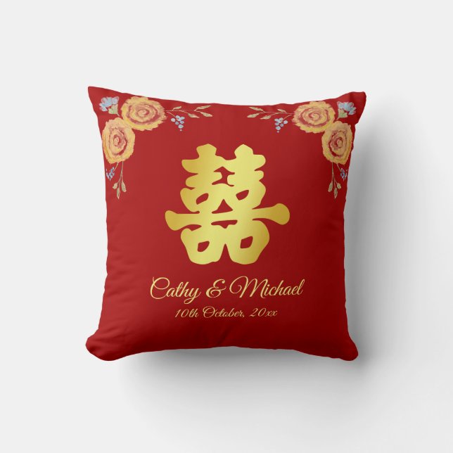 Red floral Chinese wedding tea ceremony Throw Pillow (Front)