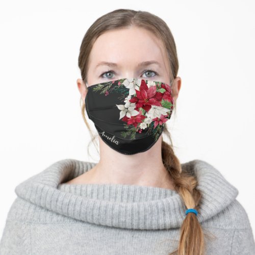 Red Floral Christmas Bride Bouquet with Name Black Adult Cloth Face Mask