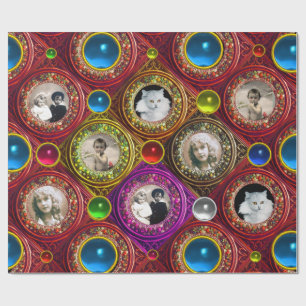 RED FLORAL CHRISTMAS CROWNS,BLUE GEMS PHOTO FRAME WRAPPING PAPER