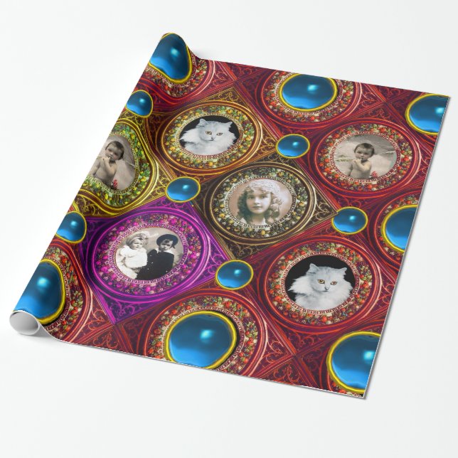 RED FLORAL CHRISTMAS CROWNS,BLUE GEMS PHOTO FRAME WRAPPING PAPER (Unrolled)