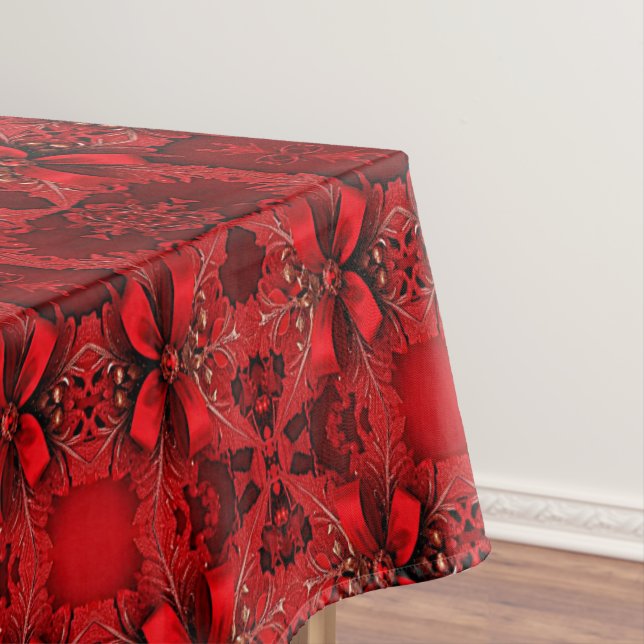 Red Floral Christmas Holiday Tablecloth (In Situ)