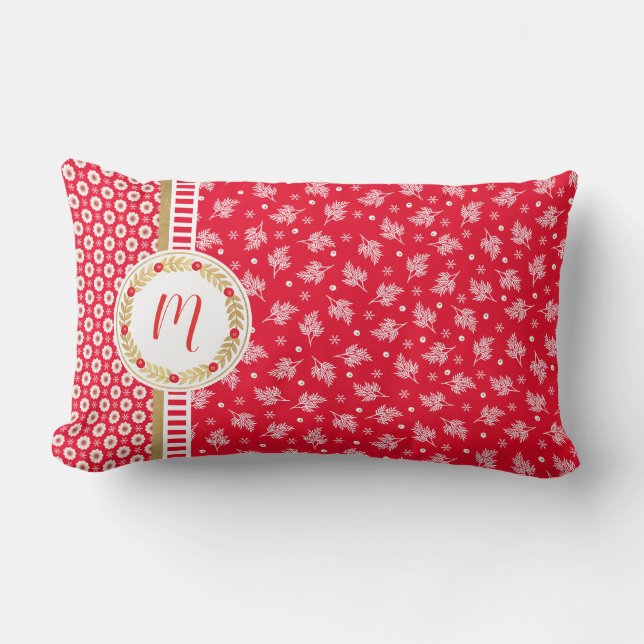 Red Floral Christmas Monogram Lumbar Pillow (Front)